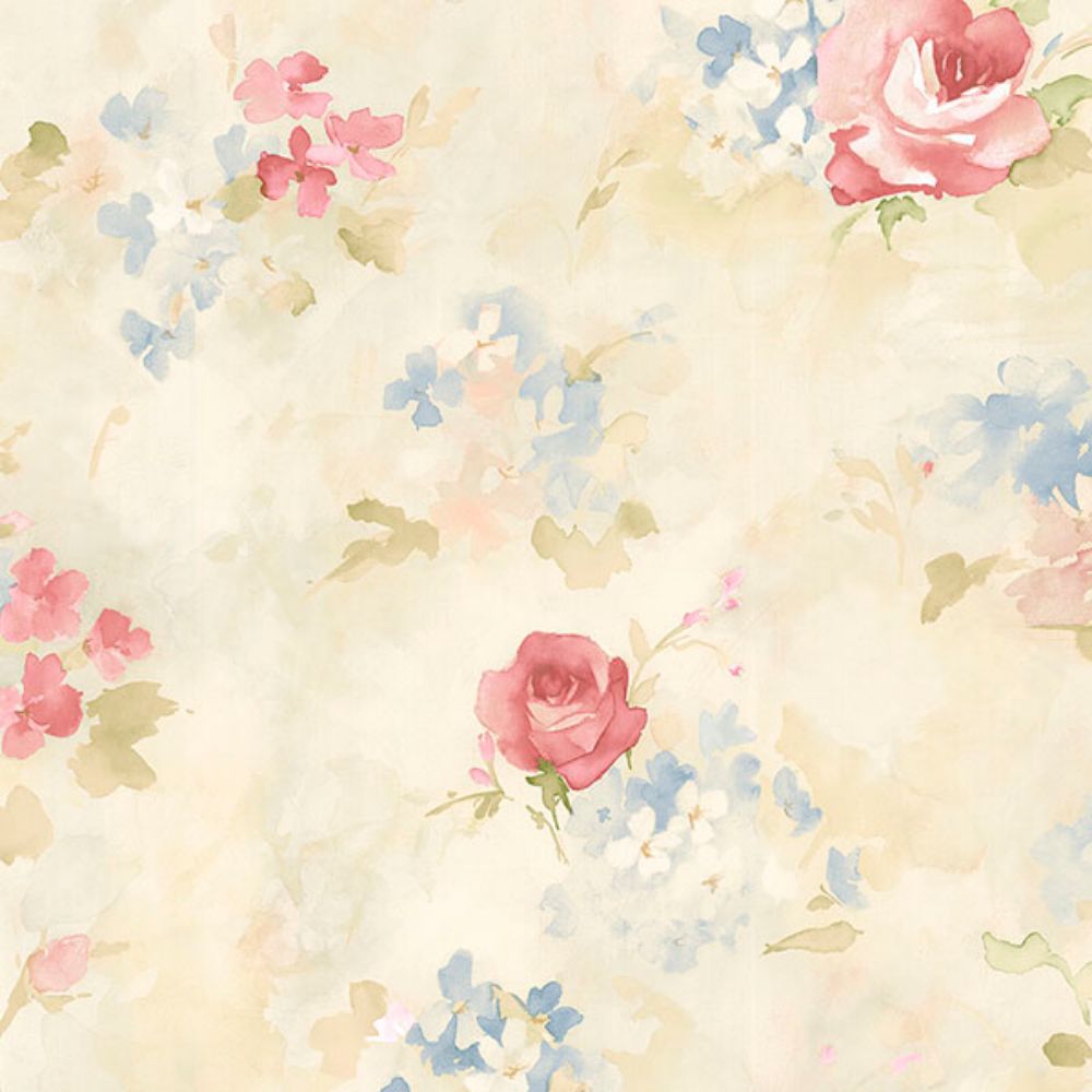Patton Wallcoverings AB42418 Flourish (Abby Rose 4) Morning Dew Wallpaper in Pink, Blues & Yellow